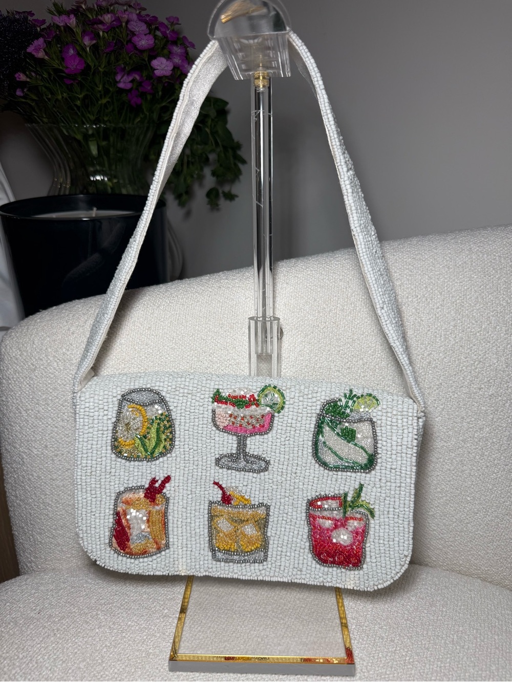 White Beaded Cocktail Motif Shoulder Bag